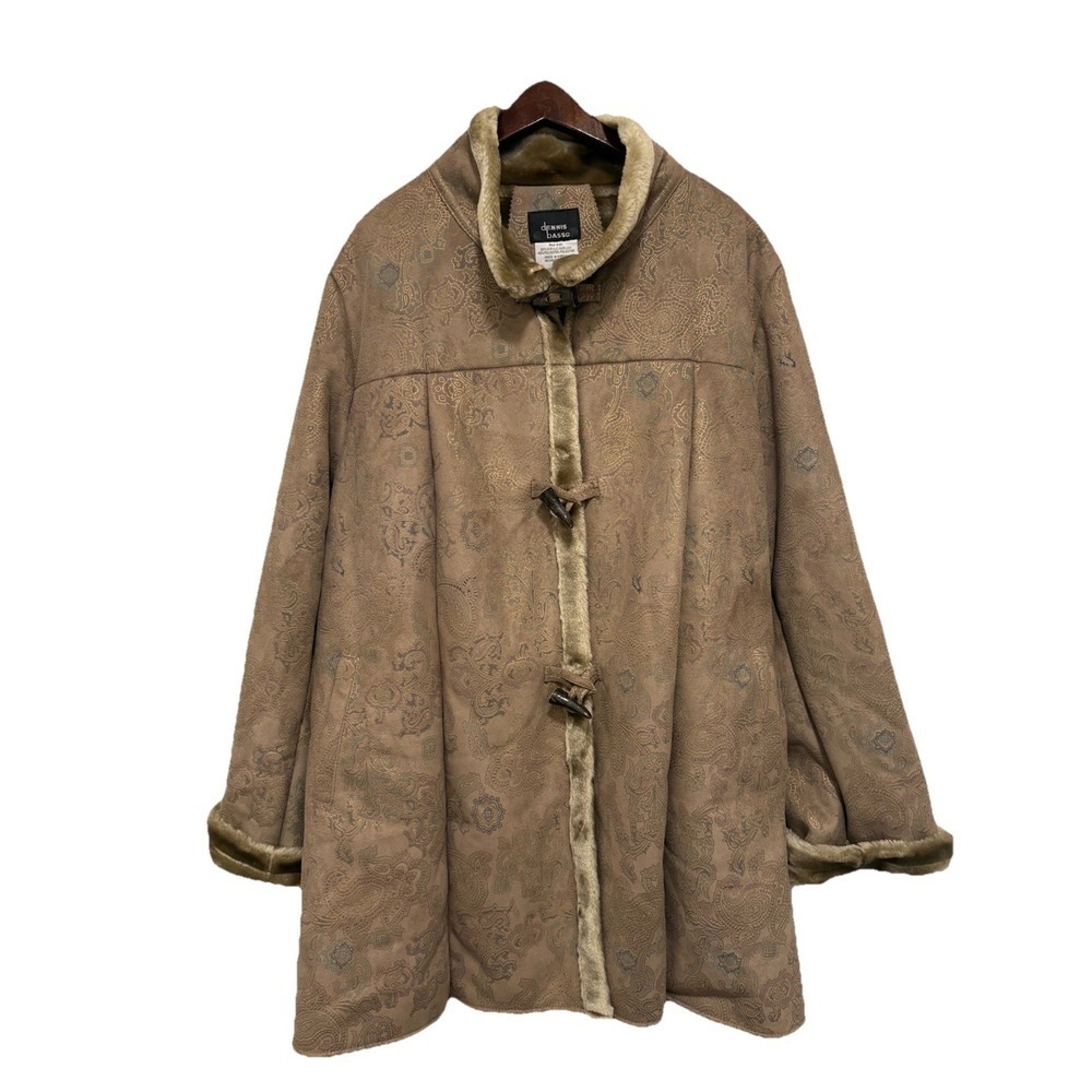 Dennis‎ Basso Paisley Faux Suede Fur Trim Toggle Jacket Coat Women's 2X